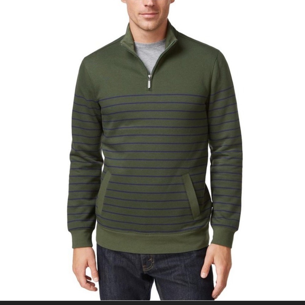 Mens Club Room Green and Blue Striped Quarter Zip Sweatshirt, Size XL
